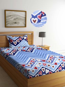 ARRABI - Blue Graphic TC Cotton Blend Single Fitted Bedsheet with 1 Pillow Cover