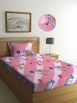 ARRABI - Pink Cartoon TC Cotton Blend Single Fitted Bedsheet with 1 Pillow Cover