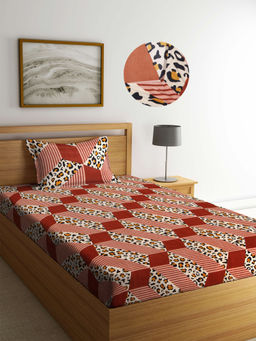 ARRABI - Brown Abstract TC Cotton Blend Single Fitted Bedsheet with 1 Pillow Cover