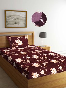 ARRABI - Brown Floral TC Cotton Blend Single Fitted Bedsheet with 1 Pillow Cover