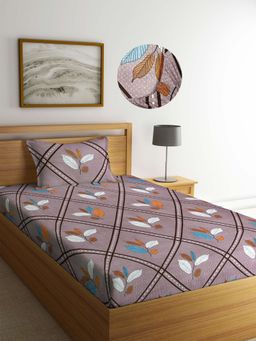 ARRABI - Brown Leaf TC Cotton Blend Single Fitted Bedsheet with 1 Pillow Cover