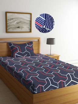ARRABI - Blue Geometric TC Cotton Blend Single Fitted Bedsheet with 1 Pillow Cover