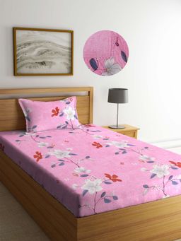 ARRABI - Pink Floral TC Cotton Blend Single Fitted Bedsheet with 1 Pillow Cover