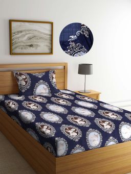 ARRABI - Blue Indian TC Cotton Blend Single Fitted Bedsheet with 1 Pillow Cover