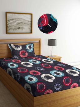 ARRABI - Black Geometric TC Cotton Blend Single Fitted Bedsheet with 1 Pillow Cover
