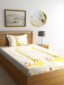 ARRABI - Yellow Cartoon TC Cotton Blend Single Fitted Bedsheet with 1 Pillow Cover