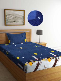 ARRABI - Blue Graphic TC Cotton Blend Single Fitted Bedsheet with 1 Pillow Cover