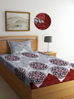 ARRABI - Grey Indian TC Cotton Blend Single Fitted Bedsheet with 1 Pillow Cover