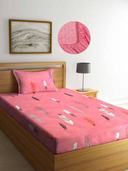 ARRABI - Peach Leaf TC Cotton Blend Single Fitted Bedsheet with 1 Pillow Cover
