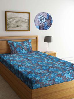 ARRABI - Blue Floral TC Cotton Blend Single Fitted Bedsheet with 1 Pillow Cover