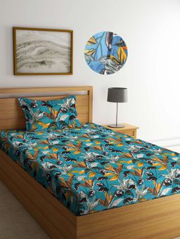 ARRABI - Green Leaf TC Cotton Blend Single Fitted Bedsheet with 1 Pillow Cover