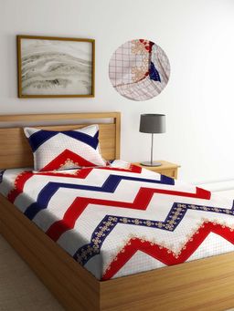 ARRABI - Beige Graphic TC Cotton Blend Single Fitted Bedsheet with 1 Pillow Cover