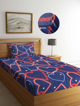 ARRABI - Blue Graphic TC Cotton Blend Single Fitted Bedsheet with 1 Pillow Cover