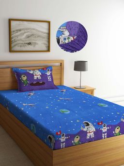 ARRABI - Blue Graphic TC Cotton Blend Single Fitted Bedsheet with 1 Pillow Cover
