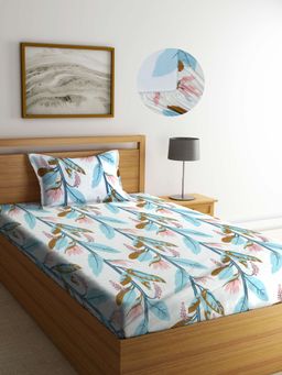 ARRABI - Multi Leaf TC Cotton Blend Single Fitted Bedsheet with 1 Pillow Cover