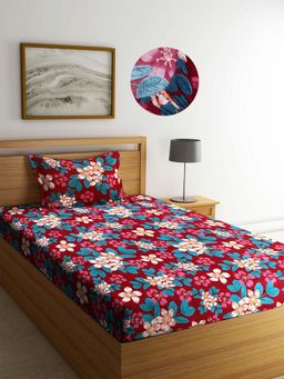 ARRABI - Red Floral TC Cotton Blend Single Fitted Bedsheet with 1 Pillow Cover
