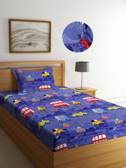 ARRABI - Blue Geometric TC Cotton Blend Single Fitted Bedsheet with 1 Pillow Cover