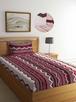 ARRABI - Brown Geometric TC Cotton Blend Single Fitted Bedsheet with 1 Pillow Cover