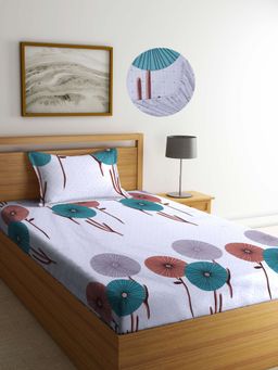 ARRABI - Grey Floral TC Cotton Blend Single Fitted Bedsheet with 1 Pillow Cover