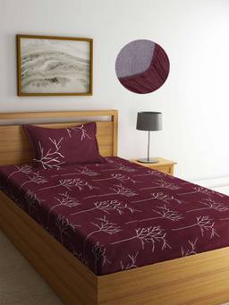 ARRABI - Brown Graphic TC Cotton Blend Single Fitted Bedsheet with 1 Pillow Cover