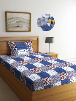 ARRABI - Blue Geometric TC Cotton Blend Single Fitted Bedsheet with 1 Pillow Cover