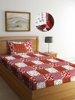 ARRABI - Brown Geometric TC Cotton Blend Single Fitted Bedsheet with 1 Pillow Cover