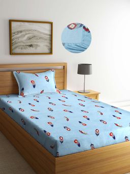 ARRABI - Blue Graphic TC Cotton Blend Single Fitted Bedsheet with 1 Pillow Cover