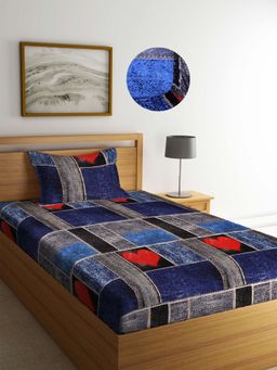 ARRABI - Blue Graphic TC Cotton Blend Single Fitted Bedsheet with 1 Pillow Cover