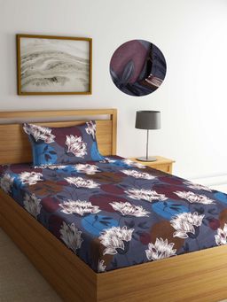 ARRABI - Multi Floral TC Cotton Blend Single Fitted Bedsheet with 1 Pillow Cover