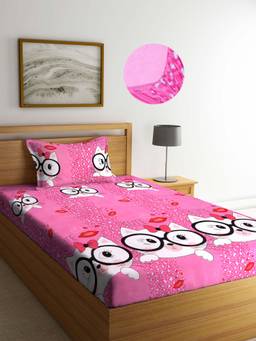ARRABI - Pink Graphic TC Cotton Blend Single Fitted Bedsheet with 1 Pillow Cover