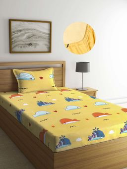 ARRABI - Yellow Graphic TC Cotton Blend Single Fitted Bedsheet with 1 Pillow Cover