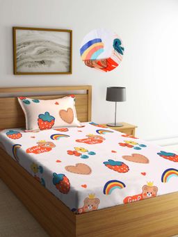 ARRABI - Multi Cartoon TC Cotton Blend Single Fitted Bedsheet with 1 Pillow Cover