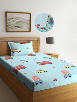 ARRABI - Blue Cartoon TC Cotton Blend Single Fitted Bedsheet with 1 Pillow Cover