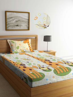 ARRABI - Multi Cartoon TC Cotton Blend Single Fitted Bedsheet with 1 Pillow Cover