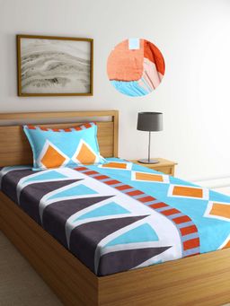 ARRABI - Blue Geometric TC Cotton Blend Single Fitted Bedsheet with 1 Pillow Cover
