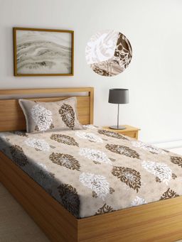 ARRABI - Brown Indian TC Cotton Blend Single Fitted Bedsheet with 1 Pillow Cover
