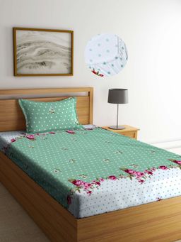 ARRABI - Green Floral TC Cotton Blend Single Fitted Bedsheet with 1 Pillow Cover