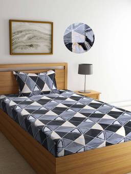 ARRABI - Grey Geometric TC Cotton Blend Single Fitted Bedsheet with 1 Pillow Cover