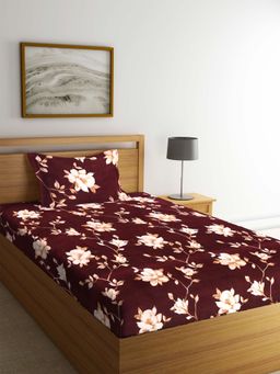 ARRABI - Brown Floral TC Polycotton Single Bedsheet with 1 Pillow Cover