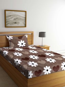 ARRABI - Brown Floral TC Polycotton Single Bedsheet with 1 Pillow Cover