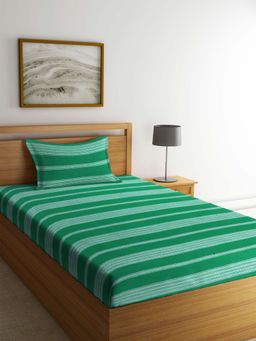 ARRABI - Green Stripes Handwoven 100% Cotton Single Bedsheet with 1 Pillow Cover