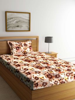 ARRABI - Brown Floral TC Polycotton Single Bedsheet with 1 Pillow Cover