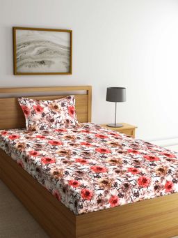 ARRABI - Brown Floral TC Polycotton Single Bedsheet with 1 Pillow Cover