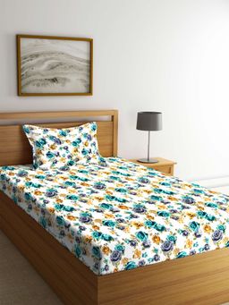 ARRABI - White Floral TC Polycotton Single Bedsheet with 1 Pillow Cover