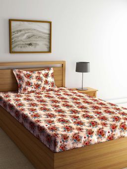 ARRABI - Brown Floral TC Polycotton Single Bedsheet with 1 Pillow Cover