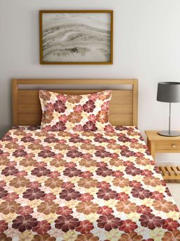 ARRABI - Brown Floral TC Polycotton Single Bedsheet with 1 Pillow Cover
