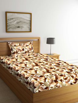 ARRABI - Brown Graphic TC Polycotton Single Bedsheet with 1 Pillow Cover