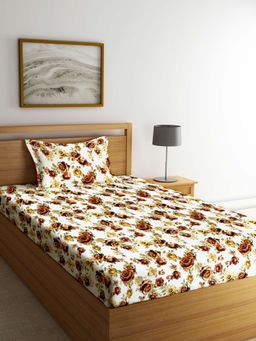 ARRABI - White Floral TC Polycotton Single Bedsheet with 1 Pillow Cover