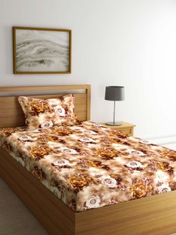 ARRABI - Brown Floral TC Polycotton Single Bedsheet with 1 Pillow Cover