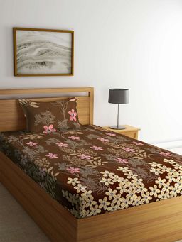ARRABI - Brown Floral TC Polycotton Single Bedsheet with 1 Pillow Cover